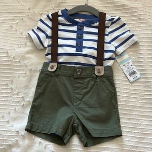BRAND NEW Cat and Jack 12M 2 Piece Set with Striped Onesie and Suspender Shorts
